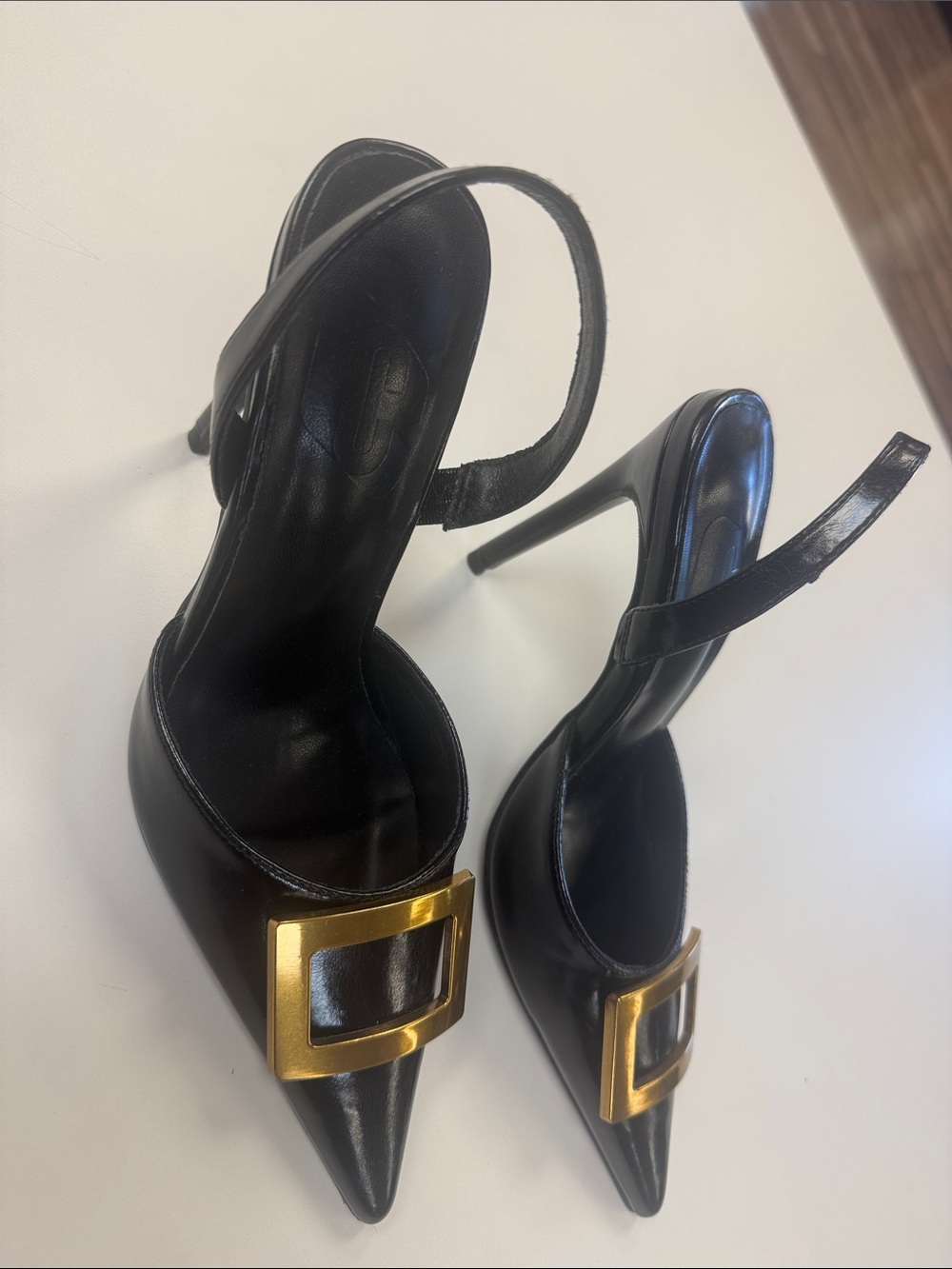 Unk Black Pointed-Toe Slingback Heels with Gold Buckle Accent